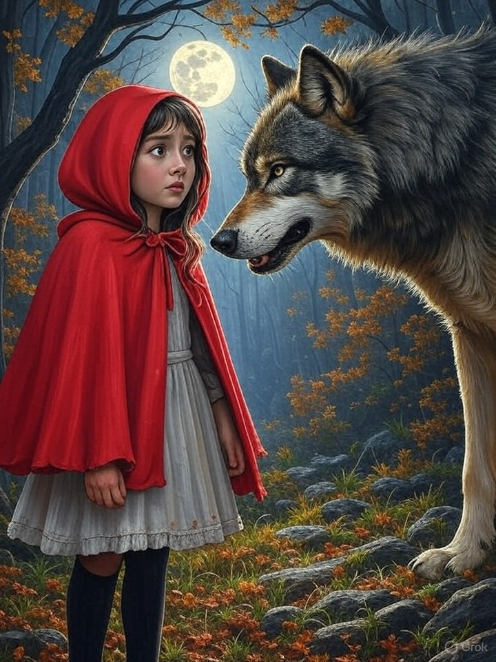 Little Red Riding Hood in her iconic red cape meeting the cunning wolf in an enchanted moonlit forest - classic fairy tale illustration for intermediate English story learning