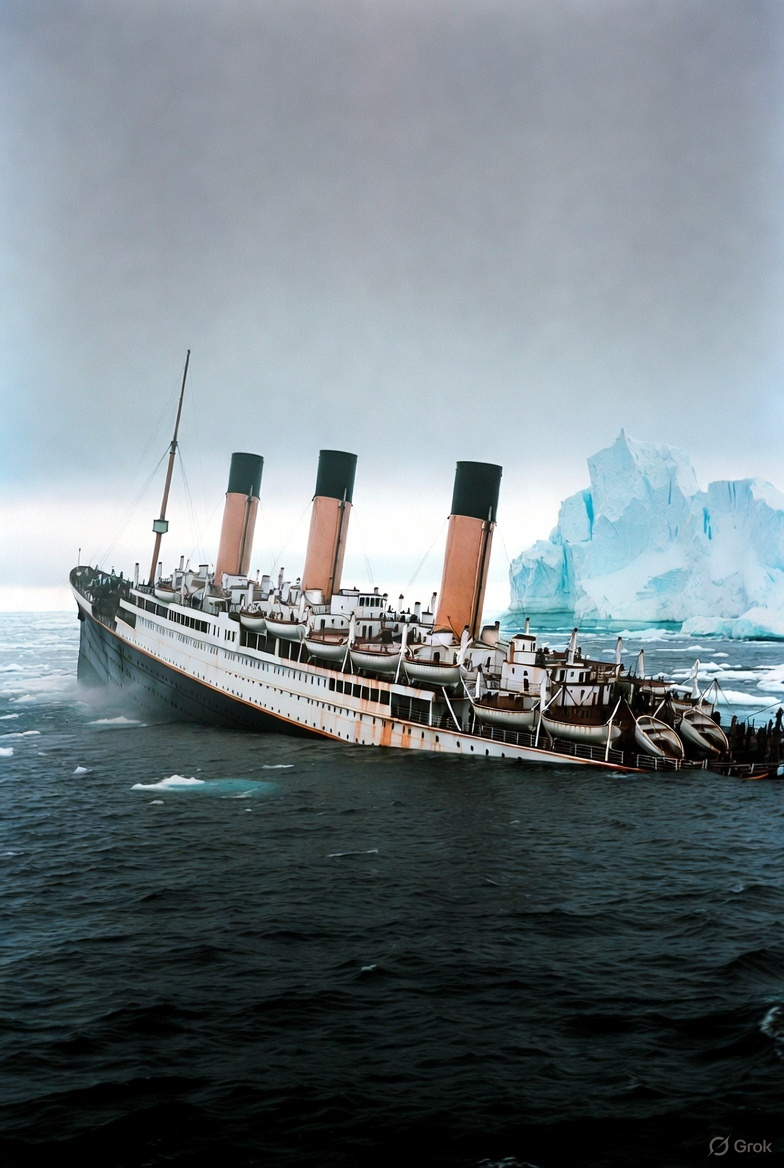 RMS Titanic sinking into the freezing North Atlantic waters near a massive iceberg during the tragic night of April 14-15, 1912 - one of history's greatest maritime disasters