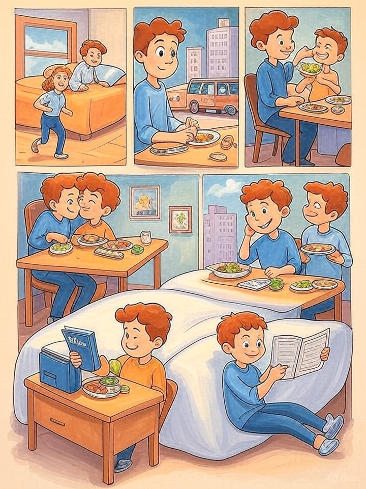 Illustration of Tom's daily routine showing morning activities, office work, and evening relaxation - English learning story for beginners