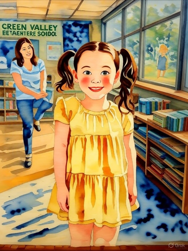 Eight-year-old Jenny with bright smile and pigtails sitting at desk in Green Valley Elementary School classroom with kind teacher Mrs. Smith in background - beginner English story for school vocabulary learning
