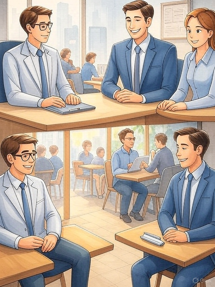 Professional job interview scene showing confident candidate Michael meeting with HR manager Jennifer and marketing director David in modern GreenTech Solutions office - intermediate English story for workplace vocabulary learning