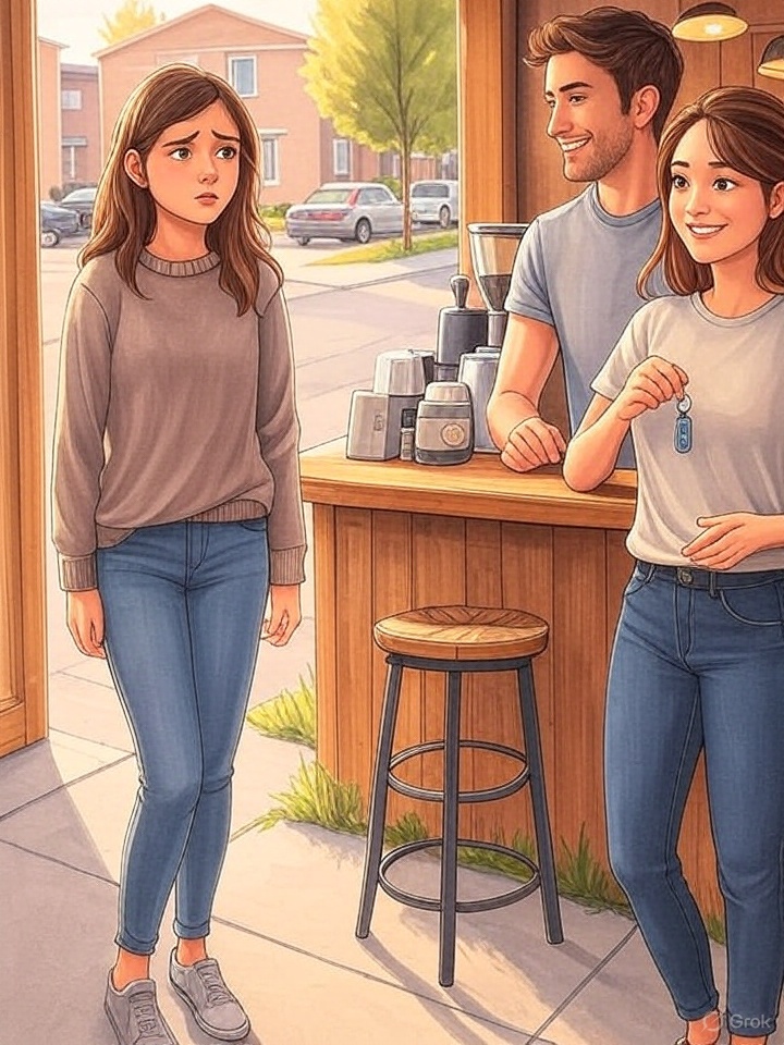 Sarah looking worried talking to a friendly barista at a coffee shop, with the barista holding keys