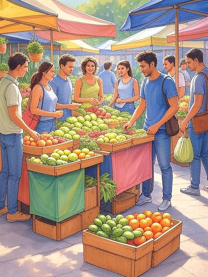 Vibrant farmers market scene showing Elena shopping for fresh heirloom tomatoes and artisanal goods at colorful vendor stalls - intermediate English story for cultural and business vocabulary learning