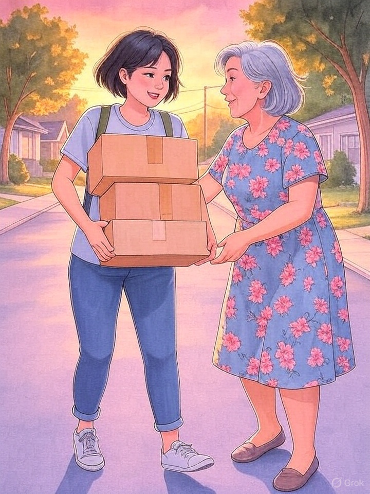 A young woman and elderly woman helping each other carry packages, showing intergenerational friendship and kindness
